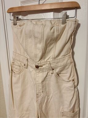 Cream Strapless Jean Cargo Pants Jumpsuit - Casual Utility Style